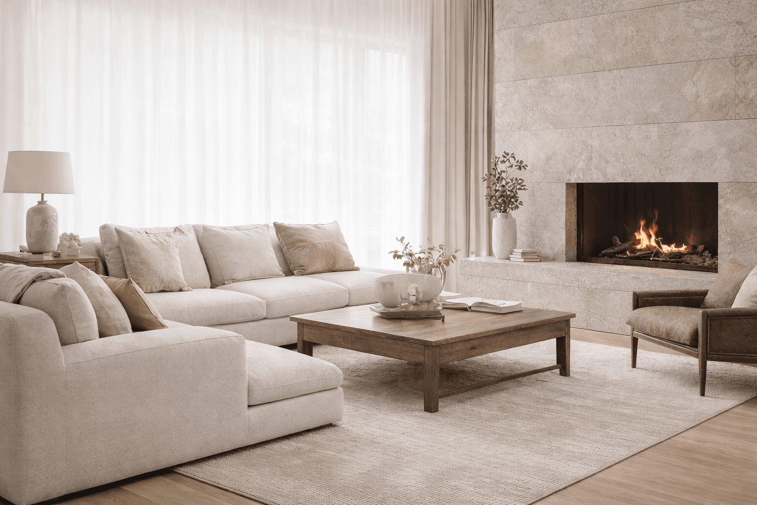 Refined living room interior with soft neutral furnishings and fireplace.